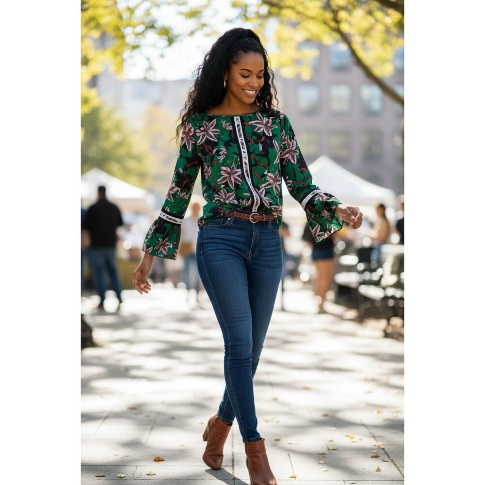 Anthropologie Geometric‎ Pull On Lily Blouse Long Bell Sleeve